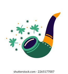 Tobacco pipe vector icon. Wooden Irish smoking accessory. St. Patrick's day symbol, shamrock for good luck. Clover leaves fly out of a pipe.Flat cartoon clipart isolated on white. For cards, posters
