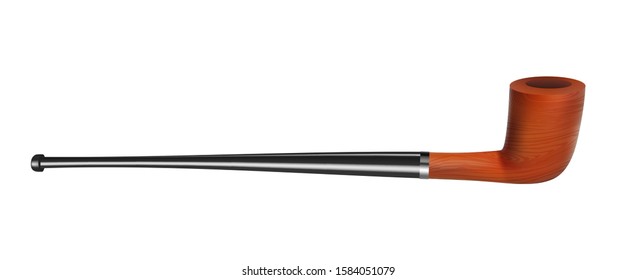 Tobacco Pipe Wooden Smoking Tool Side View Vector. Classical Device Comprises Bowl For Tobacco From Long Tube, Ending In Bit. Exclusive Equipment Made By Pipemaker Layout Realistic 3d Illustration