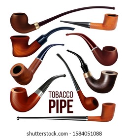 Tobacco Pipes Vintage Wooden Smoke Tool Set Vector. Collection In Different Various Classic Devices For Smoking Flavor Tobacco. Traditional Accessory Template Realistic 3d Illustrations