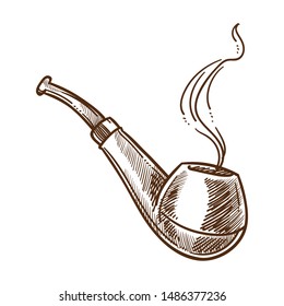 Producto de tabaco, pipa para fumar o herramienta de madera con un vector de boceto aislado de humo. Dibujo de dispositivos retro, hábito nocivo, relajación e inhalación, respirar en nicotina. Tubo, accesorio macho vintage de madera