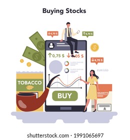 Tobacco production industry online service or platform. Smoking products manufacturing. Cigarette, smoking and hoocah tobacco. Buying stocks. Vector flat illustration