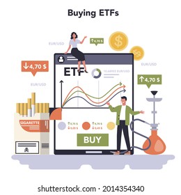 Tobacco production industry online service or platform. Smoking products manufacturing. Cigarette, smoking and hoocah tobacco. Buying ETFs. Vector flat illustration