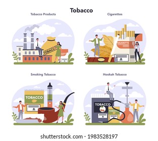 Tobacco production industry sector of the economy set. Smoking products manufacturing. Cigarette, smoking and hoocah tobacco. Vector flat illustration