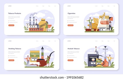 Tobacco production industry sector of the economy web banner or landing page set. Smoking products manufacturing. Cigarette, smoking and hoocah tobacco. Vector flat illustration