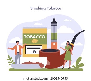 Tobacco production industry sector of the economy. Smoking products manufacturing. Cigarette, smoking tobacco. Vector flat illustration
