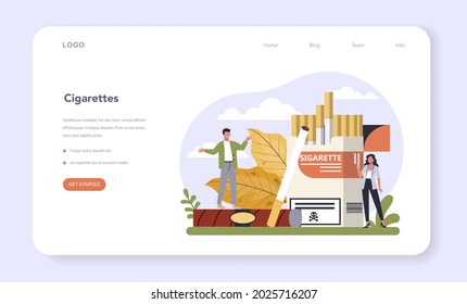 Tobacco production industry sector of the economy web banner or landing page. Smoking products manufacturing. Cigarette tobacco. Vector flat illustration