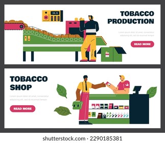 Producción de tabaco y publicidad de tiendas web banners set, ilustración vectorial plana. Hombre compra cigarrillos en la tienda. Fabricación de transporte con productos de tabaco. Folleto de la fábrica de tabaco.