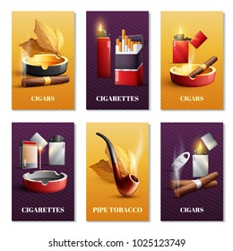 Tobacco products realistic cards set with pipe and cigars symbols isolated vector illustration