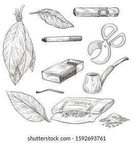 Tobacco products, smoking pipe and cigar isolated sketch vector. Dry leaves and cigarette drawing, harmful habit, scissors and matches, breathe in nicotine. Tube, organic plant and tools to smoke