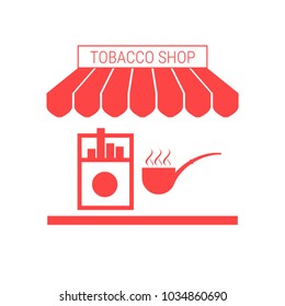 Tobacco Shop, Cigarette Kiosk Single Flat Vector Icon. Striped Awning and Signboard. A Series of Shop Icons.