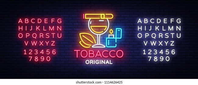 Tobacco Shop Logo Vector. Cigarettes Shop Night Bright Advertising Design Template. Vector Illustration. Editing Text Neon Sign