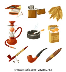 Tobacco and smoking decorative icons set with matches lighter cigarette pack isolated vector illustration