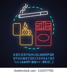 Tobacco smoking neon light concept icon. Bad habit idea. Cigarettes and flip lighter. Glowing sign with alphabet, numbers and symbols. Vector isolated illustration