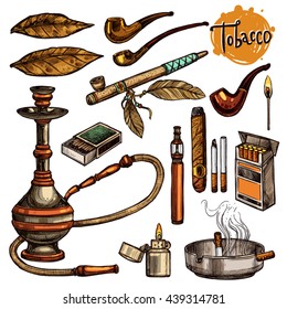 Tobacco And Smoking Sketch Set. Colorful Hand Drawn Cigarettes, Cigars, Hookah, Matches, Tobacco Leaves, Ceremonial Pipe, Lighter, Ashtray, Vintage Tobacco Pipes