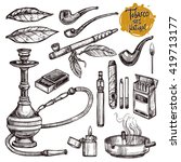 Tobacco And Smoking Sketch Set. Hand Drawn Cigarettes, Cigars, Hookah, Matches, Tobacco Leaves, Ceremonial Pipe And Smoking Accessories