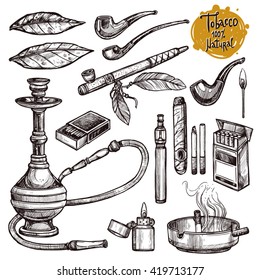 Tobacco And Smoking Sketch Set. Hand Drawn Cigarettes, Cigars, Hookah, Matches, Tobacco Leaves, Ceremonial Pipe And Smoking Accessories