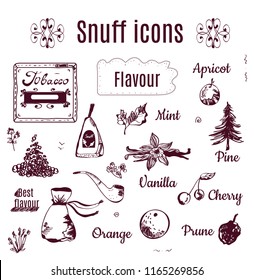Tobacco snuff icons - sketch style, vector graphic illustration