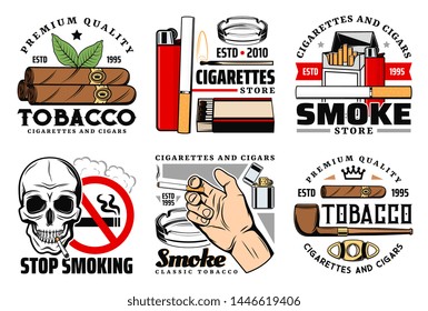 Tobacco vector icons of cigarettes, cigars and skull, lighter, matches and smoking pipe, ashtray, cuban cigar cutter, prohibition sign and smoker hand. Stop smoking, addictions themes