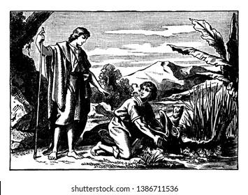 Tobias is caught a fish whose mouth is open, there is another small animal. There's an angel standing behind them in a white cloth, vintage line drawing or engraving illustration.