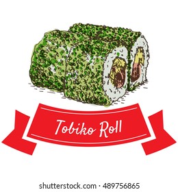 Tobiko roll illustration. Vector colorful illustration.