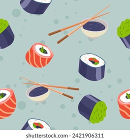 Tobiko rollos y sushi, palillos y salsa de soja en el tazón. comida y cocina japonesa, delicias culinarias de un país oriental. Patten, fondo o papel pintado sin inconvenientes. Vector de estilo plano