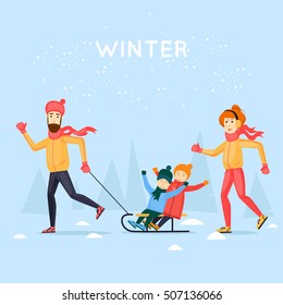 Tobogganing with kids. Happy family cartoon. Winter season. Flat design vector illustration.