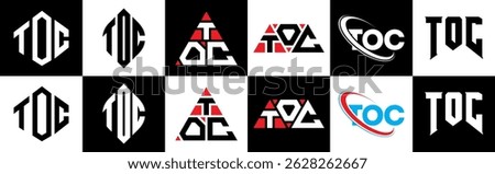 TOC letter logo design in six style. TOC polygon, circle, triangle, hexagon, flat and simple style with black and white color variation letter logo set in one artboard. TOC minimalist and classic logo