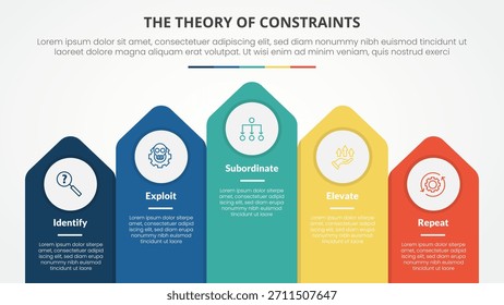 Concepto de infografía de la teoría de restricciones de TOC para presentación de diapositivas con flecha de Vertical dirección superior con lista de 4 puntos con Vector de estilo plano