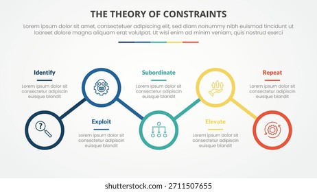 Concepto de infografía de la teoría de restricciones de TOC para la presentación de diapositivas con conexión de línea de contorno circular arriba y abajo con lista de 4 puntos con Vector de estilo plano
