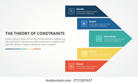 Concepto de infografía de la teoría de restricciones de TOC para presentación de diapositivas con forma de flecha grande dirección derecha con lista de 4 puntos con Vector de estilo plano