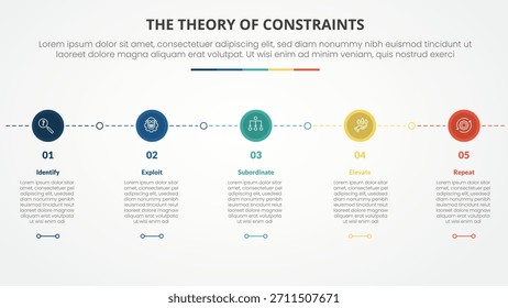 Concepto infográfico de teoría de restricciones de TOC para presentación de diapositivas con círculo Pequeño en conexión de línea Horizontal con lista de 4 puntos con Vector de estilo plano