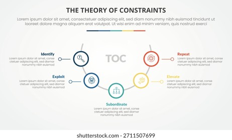 Concepto de infografía de la teoría de restricciones de TOC para presentación de diapositivas con semicírculo con contorno circular en línea con lista de 4 puntos con Vector de estilo plano