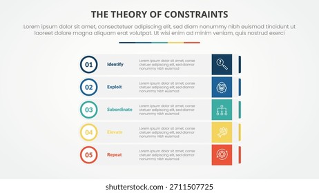 TOC theory of constraints infographic concept for slide presentation with rectangle box stack with outline circle badge with 4 point list with flat style vector