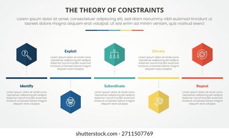Concepto de infografía de la teoría de restricciones de TOC para la presentación de diapositivas con estilo de línea de tiempo de forma hexagonal o hexagonal con lista de 4 puntos con Vector de estilo plano