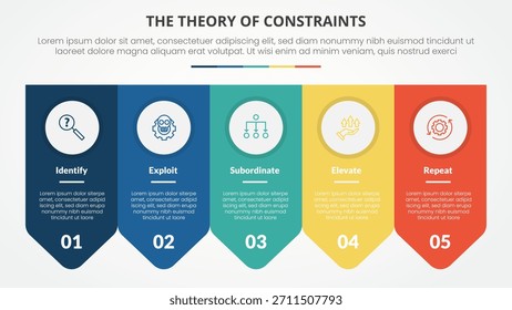 Concepto de infografía de teoría de restricciones de TOC para presentación de diapositivas con insignia de flecha simétrica Horizontal con lista de 4 puntos con Vector de estilo plano