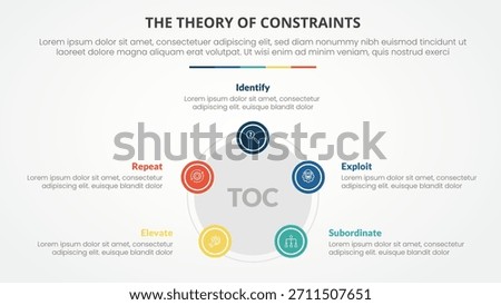 TOC theory of constraints infographic concept for slide presentation with pentagon or pentagonal shape with circle on edge with 4 point list with flat style vector
