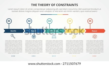 TOC theory of constraints infographic concept for slide presentation with creative arrow header circle point with 4 point list with flat style vector