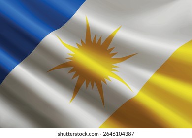 Bandeira do Tocantins acenando ao vento, textura de seda detalhada e realista. Estado do Brasil