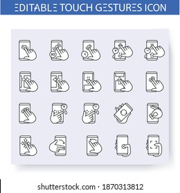 Tochscreen hand gestures line icons set. Tap, scroll, rotate, flick, pinch, zoom and more. Multitouch gestures for smartphone use. User interface concept.Isolated vector illustrations.Editable stroke 