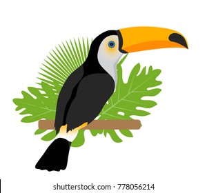 Toco toucan icon is a flat, cartoon style. Exotic bird sitting on a branch in the tropics. Isolated on white background. Vector illustration