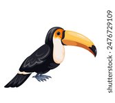 Toco toucan sitting, cartoon tropical bird. Exotic animal with yellow unusual strong beak, black body and wings, white throat. Rainforest fauna mascot, cartoon cute toucan vector illustration