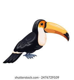 Toco toucan sitting, cartoon tropical bird. Exotic animal with yellow unusual strong beak, black body and wings, white throat. Rainforest fauna mascot, cartoon cute toucan vector illustration