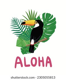 Toco tucan and tropical plant illustration