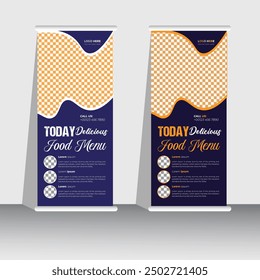 Today delicious Food menu restaurant business rollup, standee banner template or creative food promotion rollup banner vector layout, two colors pull up the presentation, exhibition banner, 