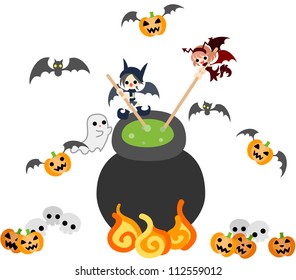 Today is Halloween.A devil boy and girl is boiling and simmering  medicine mystery.
