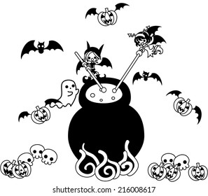 Today is Halloween.A devil boy and girl is boiling and simmering  medicine mystery.
