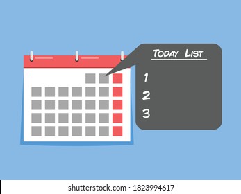 Today List Calendar Template Vector. Calendar With Today List. Reminder Calendar List.