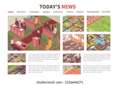 Today news isometric colored web design politics economy sports health culture sections vector illustration