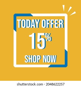 Today offer, 15%. White square, two corners blue and white details. 