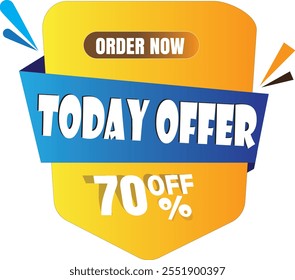 Today Offer Sale Banner with 70% Discount, Vector Design. Seventy percent discount. Special offer symbol, Flash Sales banner template design for social media and website. Order Now Sign.